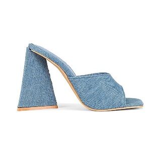 SUPERDOWN Indigo Denim Open-Toe Block Heel 4” Mules, Size 8